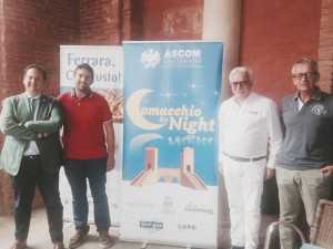    foto della conferenza stampa del 19 giugno da sx Urban, Fabbri, Vitali e Provasi alla conferenza al Bar Ragno a Comacchio