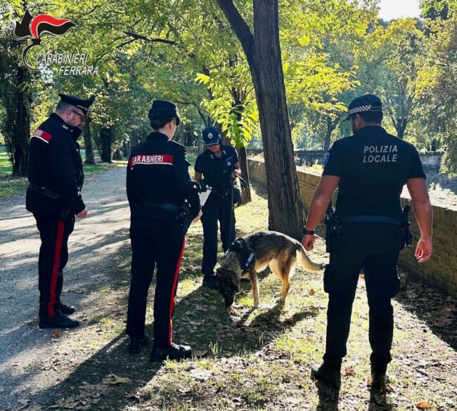 CC Ferrara e Polizia Municipale con cane antidroga