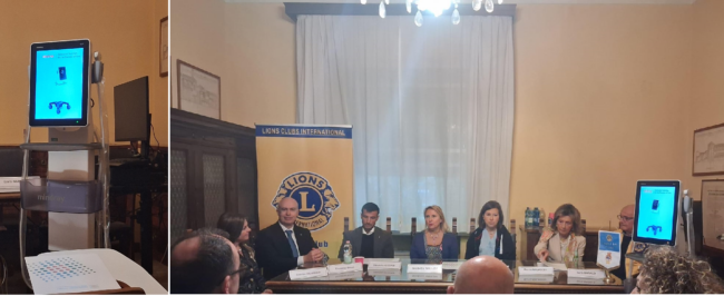A SX FOTO L’IMMAGINE DELL’ECOGRAFO DONATO ALLA STRUTTURA SANITARIA CENTESE POI IL TAVOLO DEI RELATORI